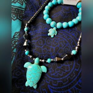 NWT Nautical Turquoise Turtle Jewelry Set  Necklace Bracelet KeyChain Gold Marbl